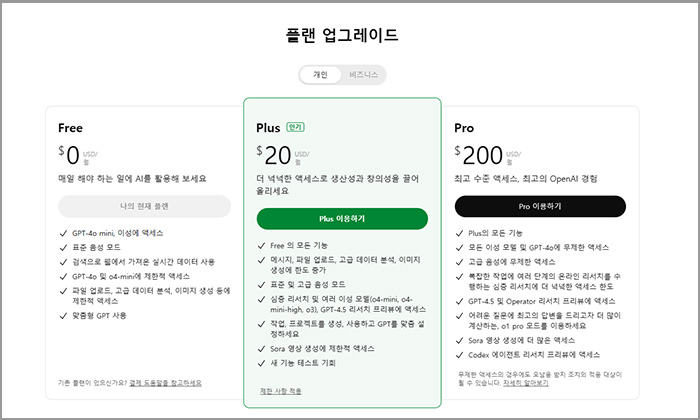챗GPT 유료 서비스 가격표