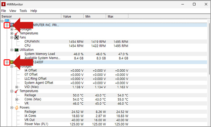 HWMonitor 메인화면