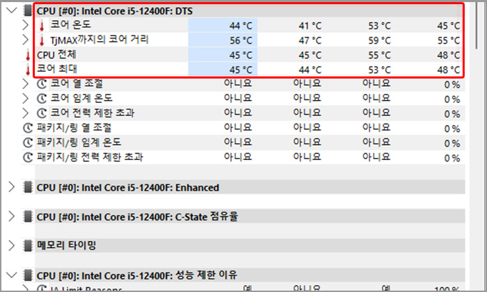 HWiNFO CPU 온도 화면