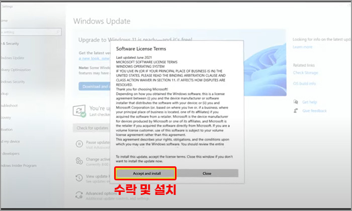 윈도우 11 다운로드 수락 및 설치 버튼