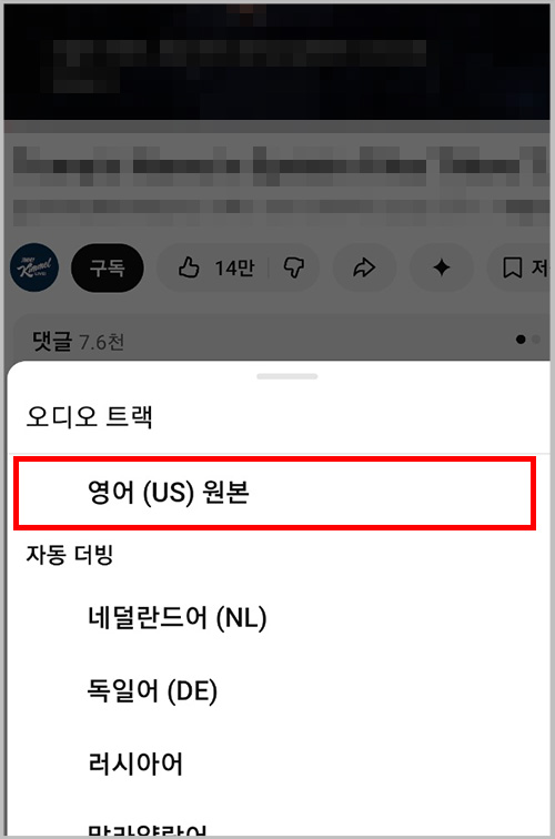 하단 팝업에서 오디오 트랙 원본 및 자동 더빙 언어