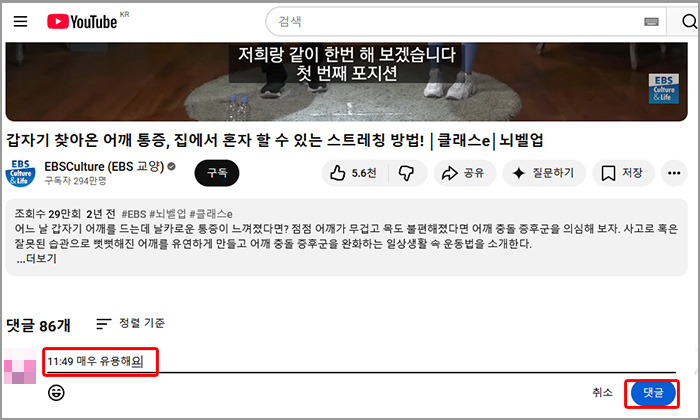 유튜브 댓글에 타임라인 입력